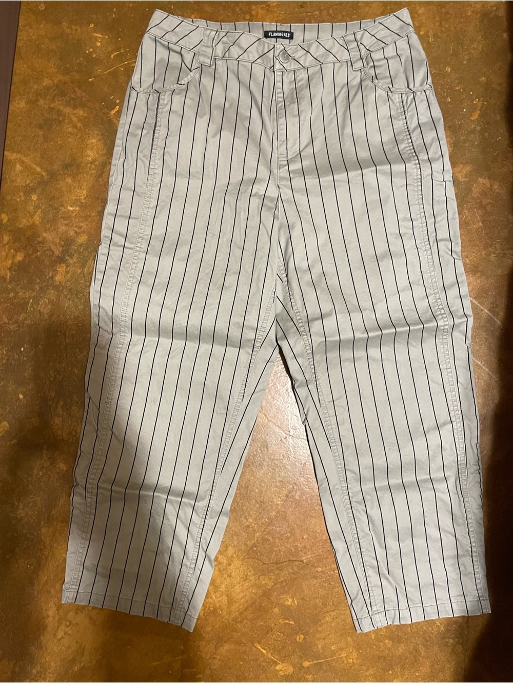 Flamingals Women’s Barrel Style Beige Pinstripe Crop Pants